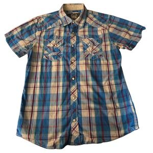 BKE Mens Button Down Shirt Sz Medium Blue Plaid Pearl Snaps Standard Fit